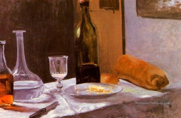 Nature morte avec bouteille Carafe Pain et vin Claude Monet Peinture à l'huile